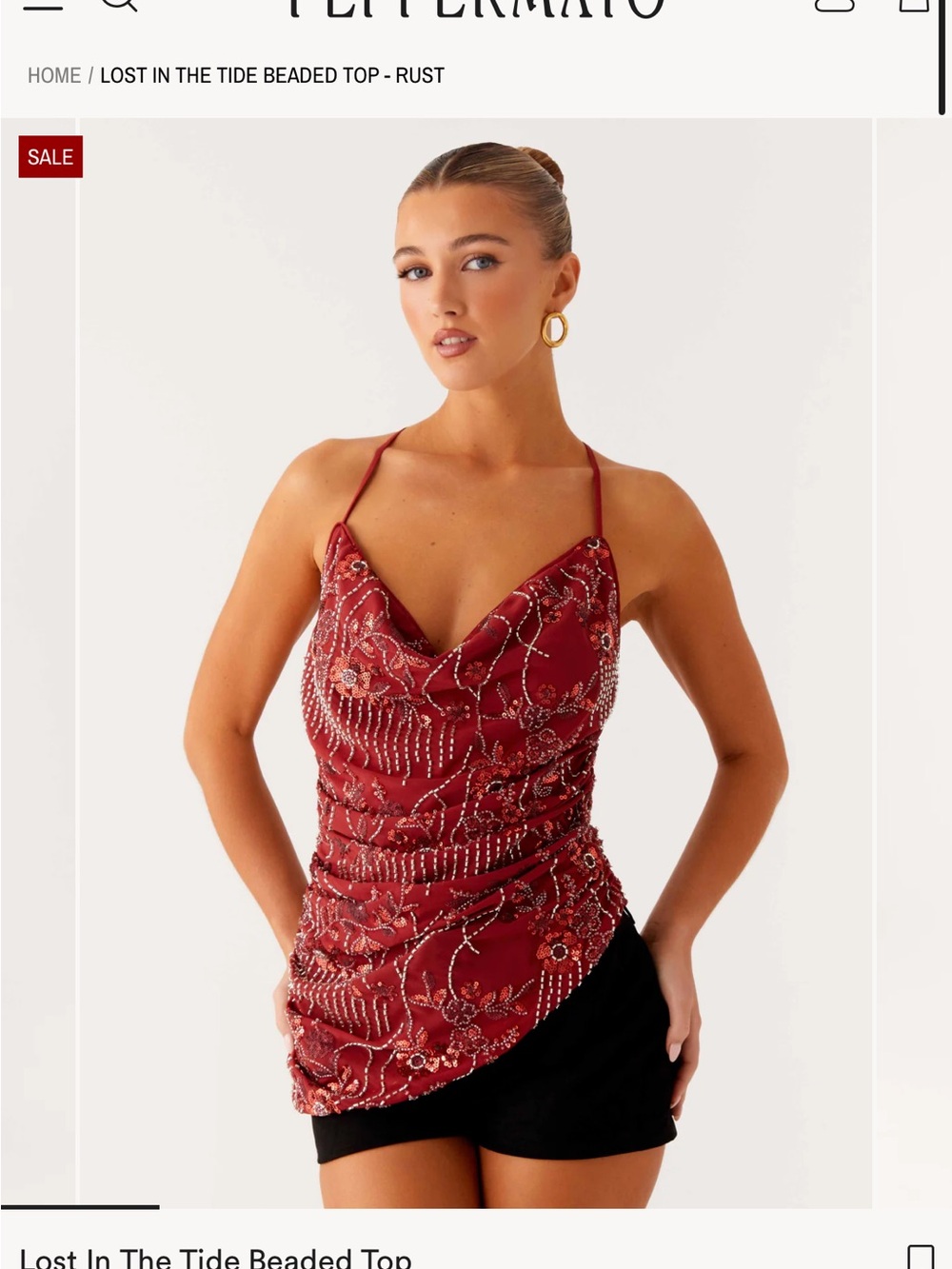 Beaded Cowl Neck Top - Rust
